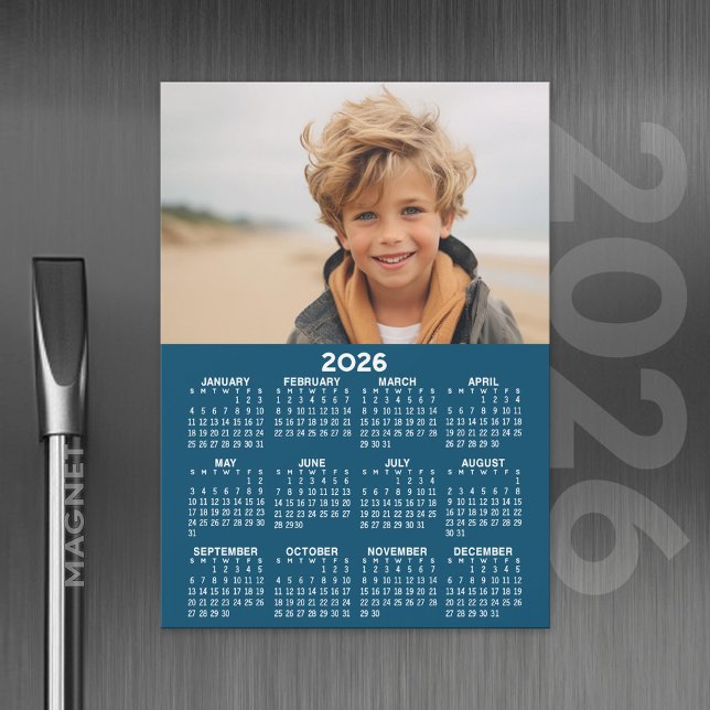 2024 Calendar with Photo Blue White Magnetic Card (2026 Calendar with A Photo and Magnetic Back)