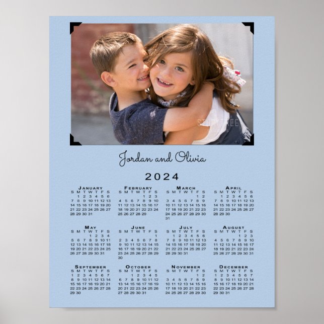 2024 Calendar with Your Photo and Name Light Blue Poster (Front)