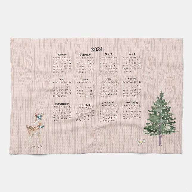 2024 Calendar Woodland Deer Bird Tree Tea Towel (Horizontal)