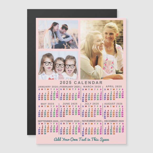 2024 Calendar Year Colourful Pink Custom 3 Photos Magnetic Invitation (Front/Back)