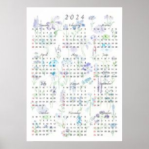2024 calender watercolor purple and blue foral poster