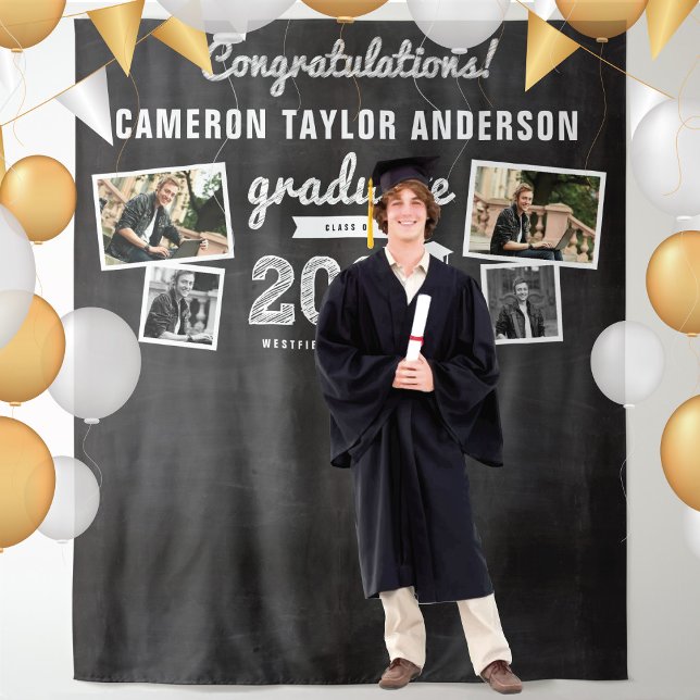 2024 Chalkboard Sketch Graduation 4 Photo Backdrop Tapestry (2024 White Sketch Black Chalkboard Graduation Party 4 Photo Backdrop by www.zazzle.com/color_therapy)