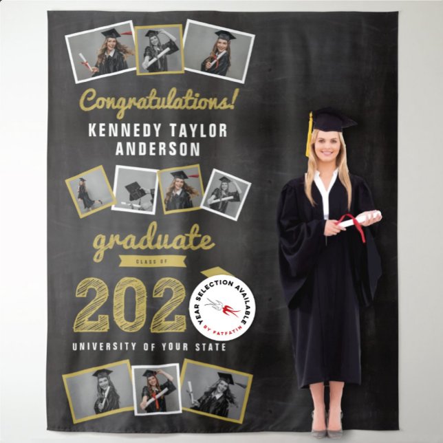 2024 Chalkboard Sketch Graduation 9 Photo Backdrop Tapestry (20YY Gold Sketch Black Chalkboard Graduation Party 9 Photo Backdrop @ www.zazzle.com/color_therapy)
