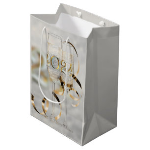 2024 Champagne Glasses and Gold Ribbon Medium Gift Bag