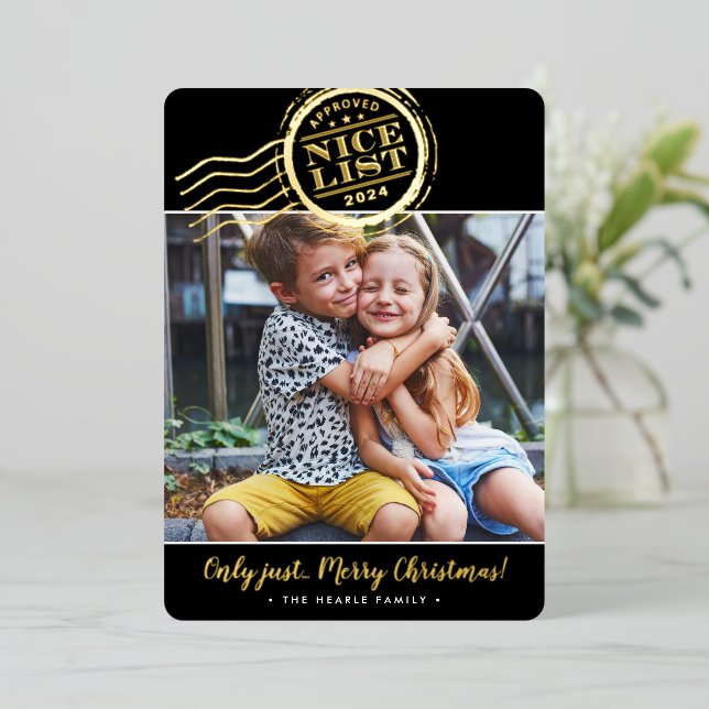 2024 CHRISTMAS PHOTO cute Nice List stamp black Foil Holiday Card (Standing Front)