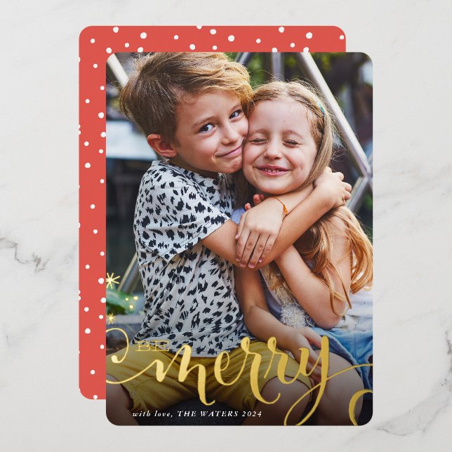 2024 CHRISTMAS photo family calligraphy merry kids Foil Holiday Card (Front/Back)