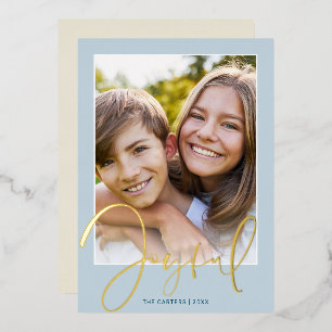 2024 CHRISTMAS PHOTO fun script gold joyful blue Foil Holiday Card