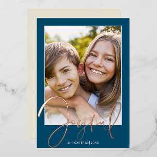 2024 CHRISTMAS PHOTO fun script gold joyful navy Foil Holiday Card