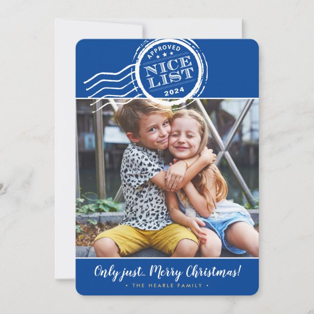 2024 CHRISTMAS PHOTO funny nice list stamp blue Holiday Card (Front)