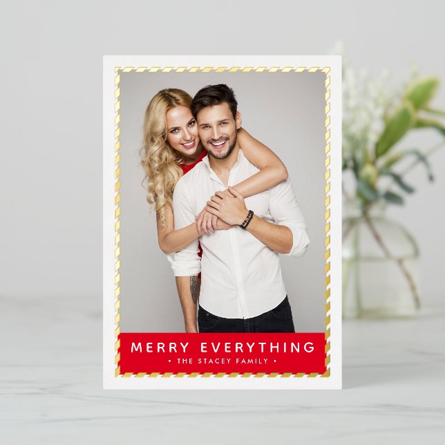 2024 CHRISTMAS PHOTO simple gold border red Foil Holiday Card (Standing Front)