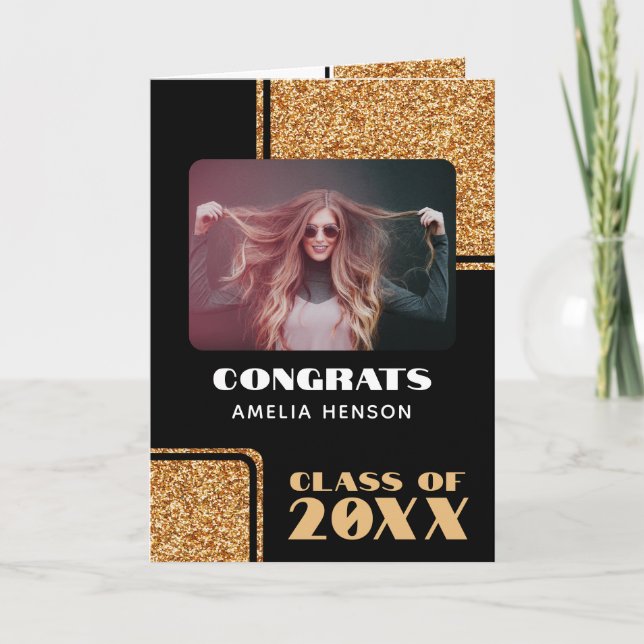 2024 Congrats Graduate Gold Glitter 2 Photos Card (Front)