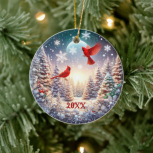 2024 Custom Red Cardinal Winter Scene Ceramic Tree Decoration