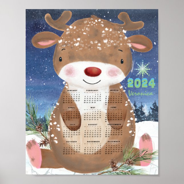 2024 Cute Reindeer Calendar Poster (Front)