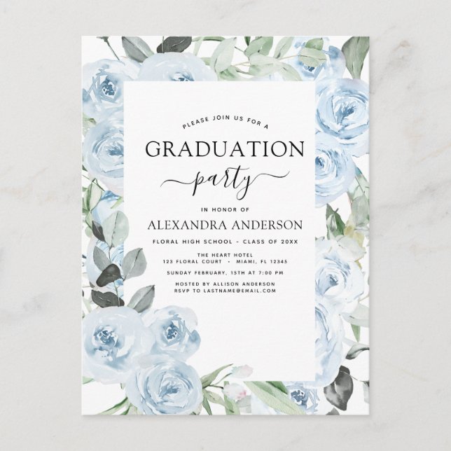 2024 Dusty Blue Graduation Floral Greenery Invitat Postcard (Front)