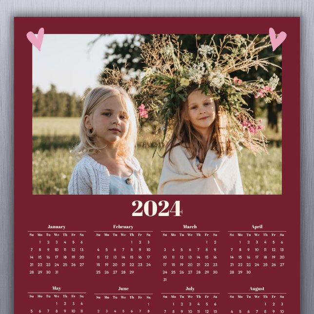 2024 Family Photo Calendar Magnet Red (Simply add your family photo to customize. A short greeting or family name can be added with year.)
