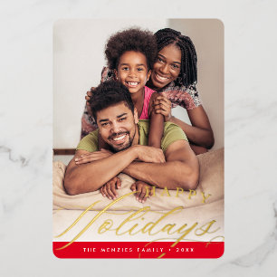 2024 FAMILY PHOTO elegant calligraphy red gold Foil Holiday Card
