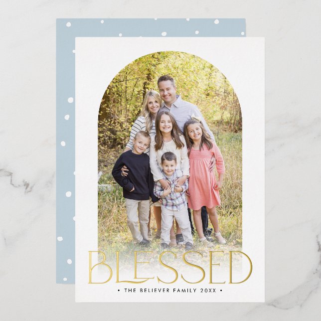 2024 FAMILY PHOTO minimal arch BLESSED gold Foil Holiday Card (Front/Back)
