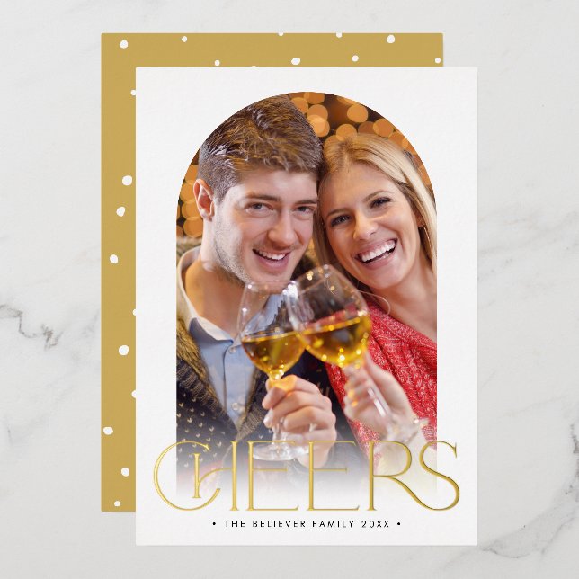 2024 FAMILY PHOTO minimal arch CHEERS gold Foil Holiday Card (Front/Back)