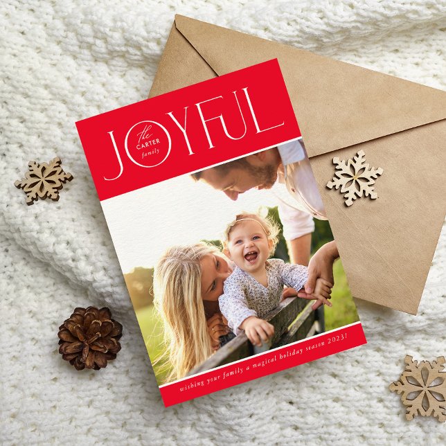 2024 FAMILY PHOTO modern elegant JOYFUL red Holiday Card (Creator Uploaded)