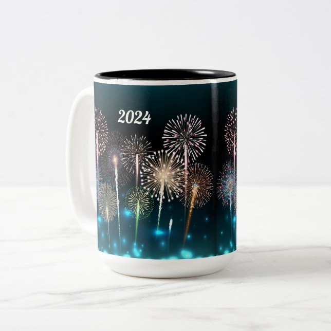 2024 Fireworks Happy New Year Two-Tone Coffee Mug (Front Left)