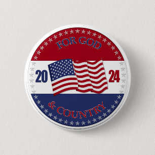 2024 For God and Country with USA Flag 6 Cm Round Badge