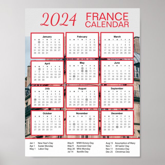 2024 France Calendar in English Download Pdf $3.50 Poster (Front)