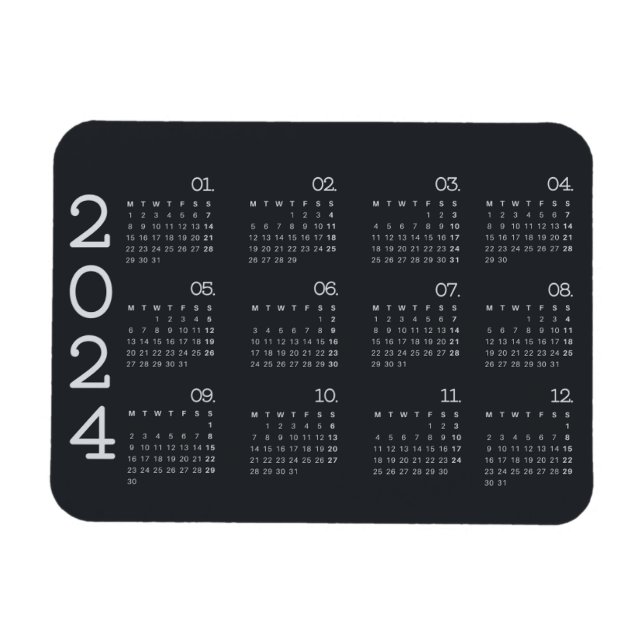 2024 Full Year Calendar Black And White Elegant Magnet (Horizontal)