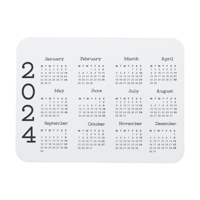 2024 Full Year Calendar Black And White Minimalist Magnet (Horizontal)