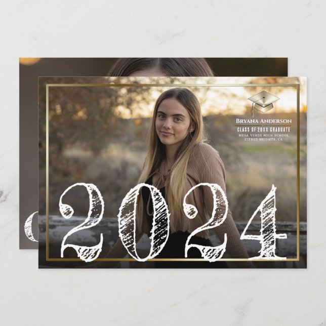 2024 Gold Border Cap Graduation Photo Announcement (Front/Back)