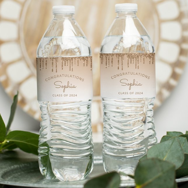 2024 Gold Glitter Drip Graduation Party Water Bottle Label (Creator Uploaded)