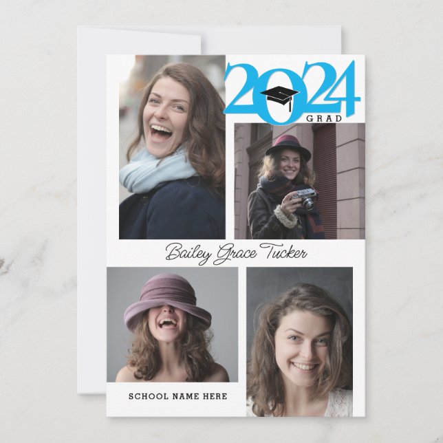 2024 GRAD Modern 5-Photo Collage Blue Graduation Announcement (Front)