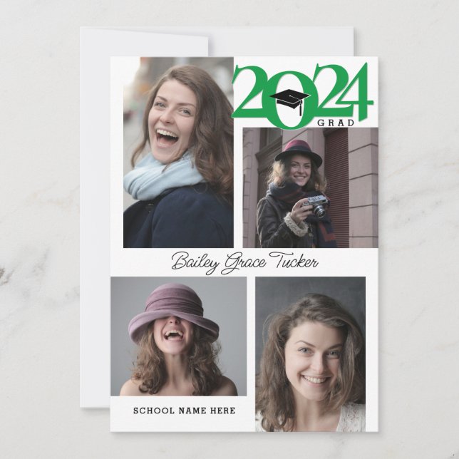 2024 GRAD Modern 5-Photo Collage Green Graduation Announcement (Front)