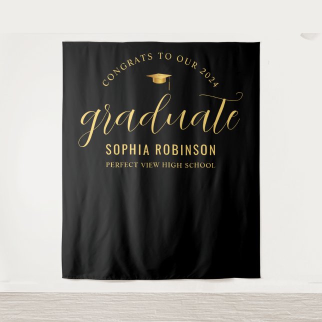 2024 Graduate Gold Black Graduation Party  Tapestry (Front)