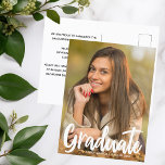 2024 Graduate Photo Chic Modern Script Overlay Postcard<br><div class="desc">Graduate is written in white handwritten script over your senior portrait photo makes a chic,  modern graduation announcement postcard. Customise with your name and high school or university class of 2024 under the bold typography and add your personal details on the back of these elegant text overlay graduate postcards.</div>