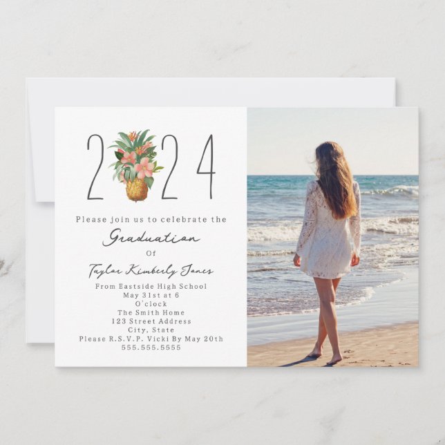 2024 Graduation Beach Floral Pineapple Photo Invitation (Front)