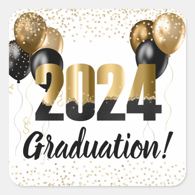 2024 Graduation Black and Gold Balloons on White Square Sticker (Front)