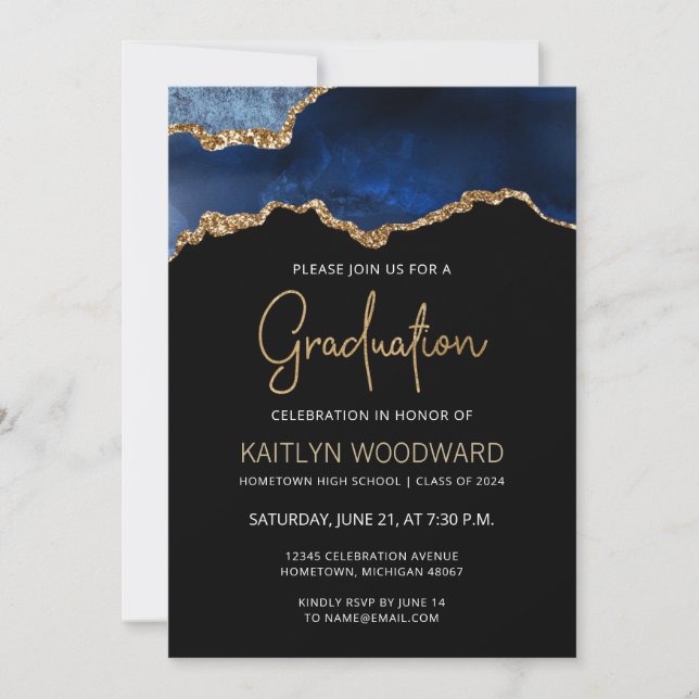 2024 Graduation Blue Agate Gold Glitter Invite (Front)