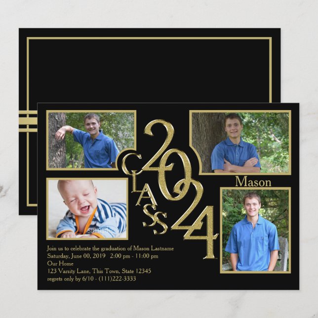 2024 Graduation Class of Quad Photo Black Invitation (Front/Back)