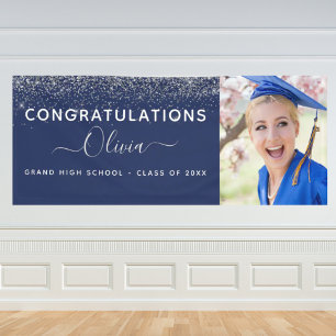 2024 Graduation Glitter Navy Blue Silver Modern Banner