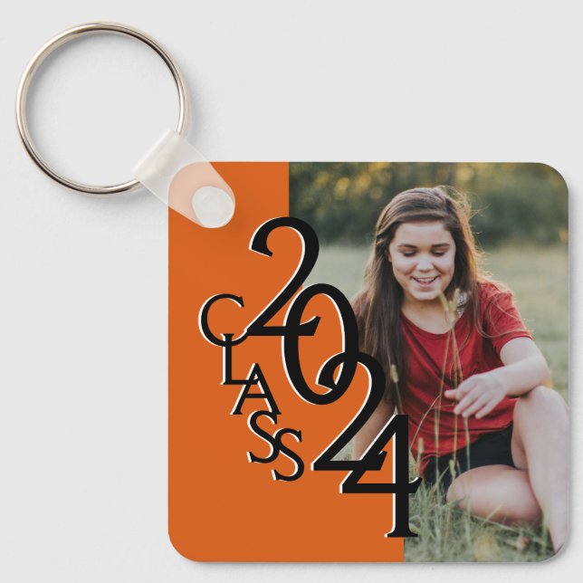 2024 Graduation Keepsake Photo Orange and Black Key Ring (Front)