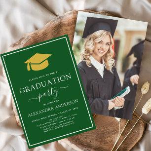 2024 Graduation Party Green Gold Photo Picture Inv Invitation