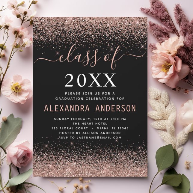 2024 Graduation Party Pink Rose Gold Glitter Girly Invitation (Creator Uploaded)