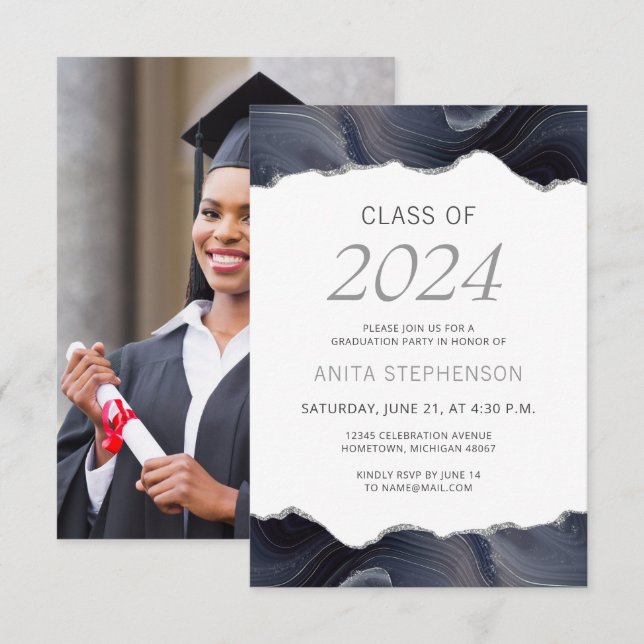 2024 Graduation Photo Blue Grey Agate Invitation (Front/Back)