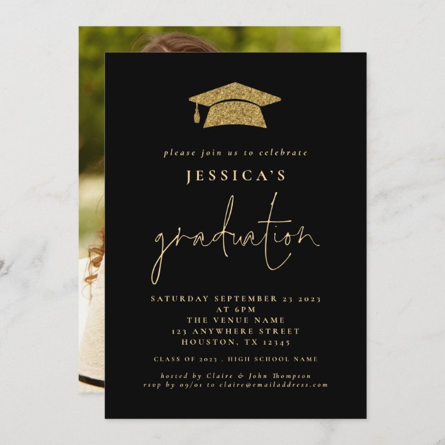 2024 Graduation Photo Gold Glitter Grad Cap Black  Invitation (Front/Back)