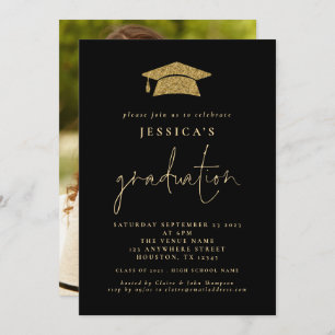 2024 Graduation Photo Gold Glitter Grad Cap Black  Invitation