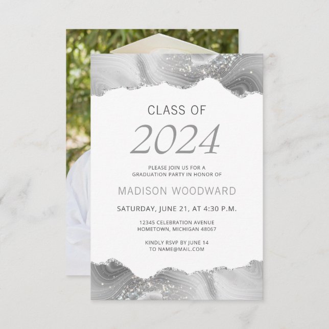 2024 Graduation Photo Grey Silver Agate Invitation (Front/Back)