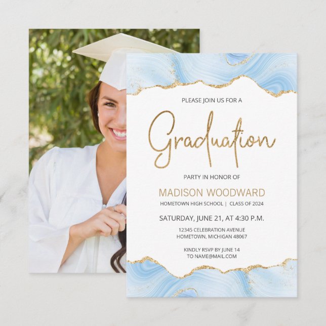 2024 Graduation Photo Pastel Blue Agate Invitation (Front/Back)
