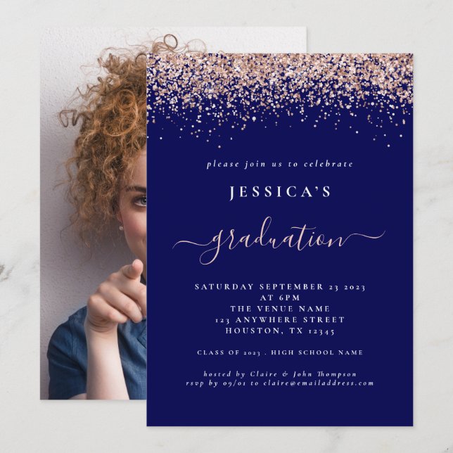 2024 Graduation Photo Rose Gold Glitter Navy Blue Invitation (Front/Back)