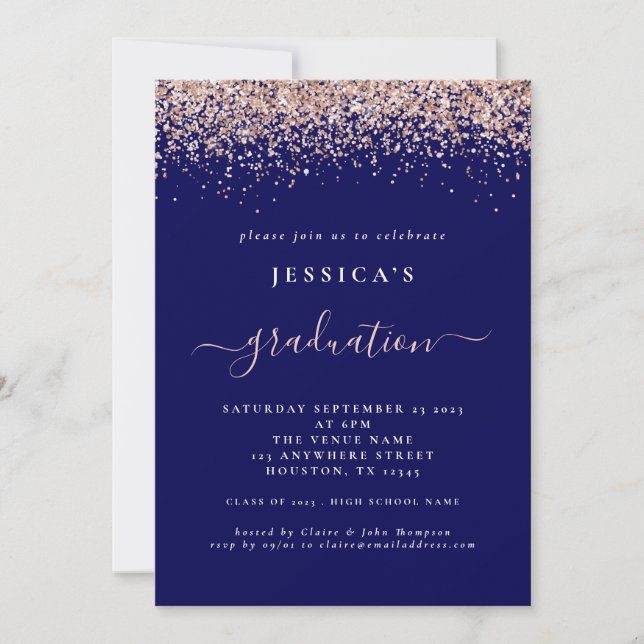 2024 Graduation Rose Gold Glitter Navy Blue Invitation (Front)