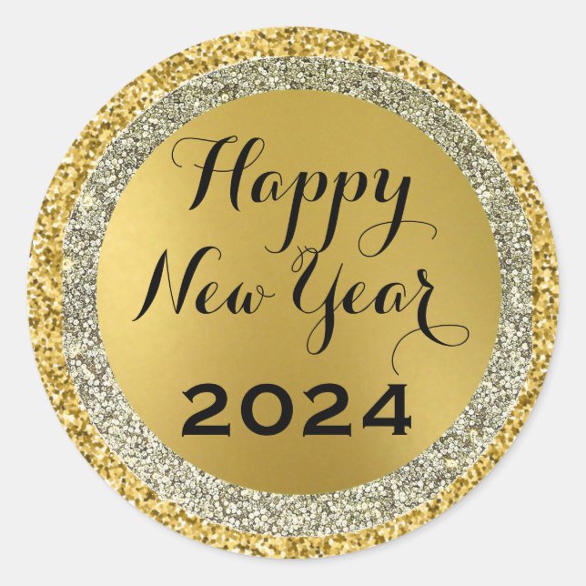 2024 happy new year,gold metallic sparkles classic classic round sticker (Front)